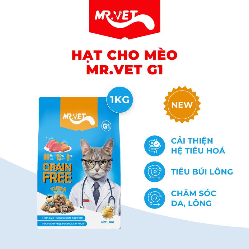 [THỨC ĂN CHO MÈO] Hạt Holistic Mr.Vet Thế hệ G1 Túi 1kg Công thức Cá ngừ Không Chứa Ngũ Cốc Cải Thiện Tiêu Hoá dành cho mèo mọi lứa tuổi với topping bột gan gà sấy, thịt tươi sấy khô