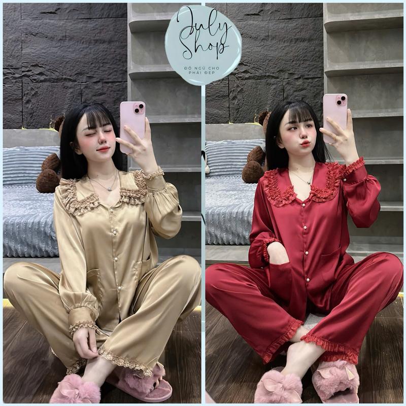 Đồ Bộ Tiểu Thư JULY Pijama Tay Dài Cổ Sen Ren Tầng Chất Lụa Latin Mềm Mịn Freesize 0