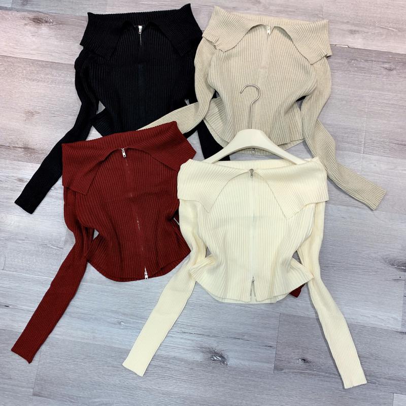 nhatran - Áo len nữ tay dài cổ bẹc vai chất len dầy mềm mại mịn phom croptop ngắn Khóa Kéo Women [KHÓA NGẮN]