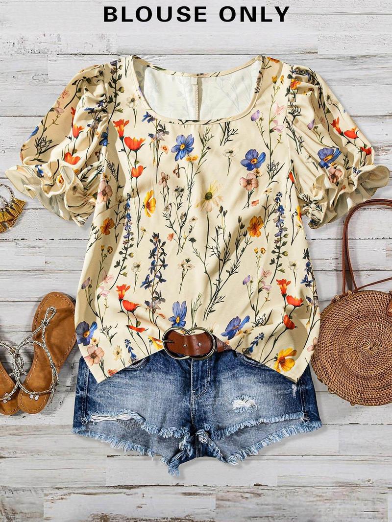 Product Introduction of 【Plus Size】 All Over Floral Print Blouse, Casual Short Sleeve Top for Daily Wear, Women Plus Clothing for All Seasons 7