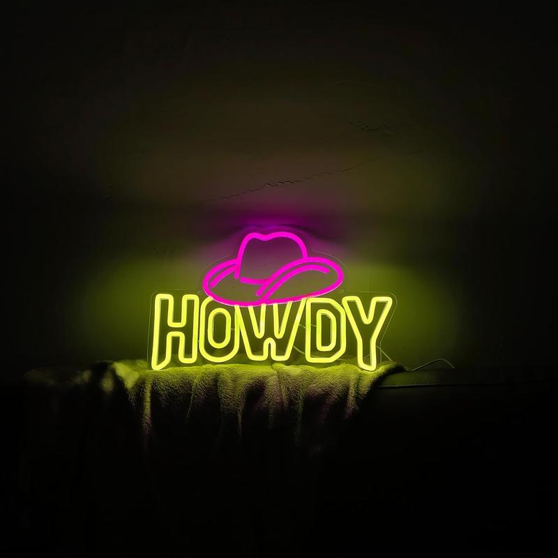 Creative Howdy Design LED Neon Sign, Cowgirl Hat Decorative Neon Sign, USB Powered Night Light Sign with Accessories for Home Bedroom Door 3