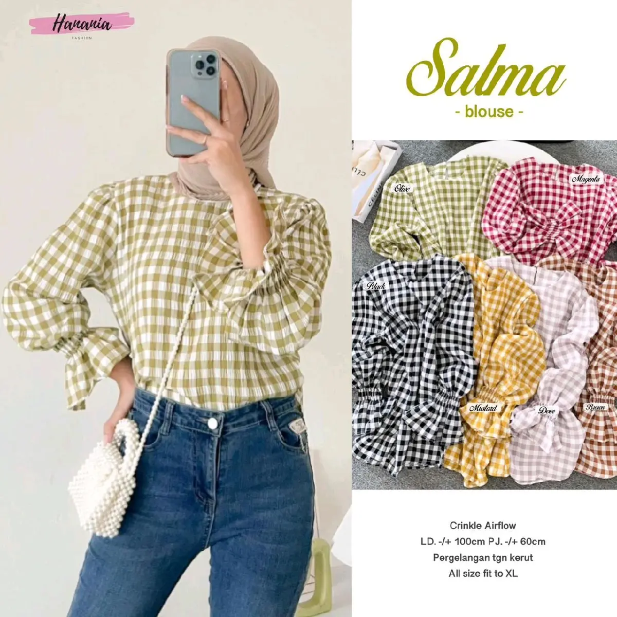 Baju Atasan Wanita Salma Blouse Bahan Crinkle Airflow LD 100 PJ 60 Motif Kotak-kotak Bisa COD