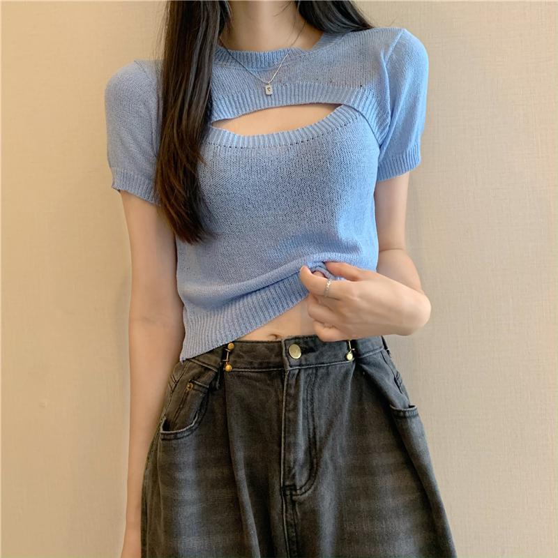 Product Introduction of Áo Len Dệt Kim Giả Hai Lớp, Thiết Kế Độc Đáo Sang Trọng Khoét Lỗ Áo Phông Ngắn Tay, Áo Ngắn Cô Gái Nóng Bỏng Mùa Hè, Phong Cách Instagram, Dành Cho Nữ, Bán Chạy Top Women Top Women 10