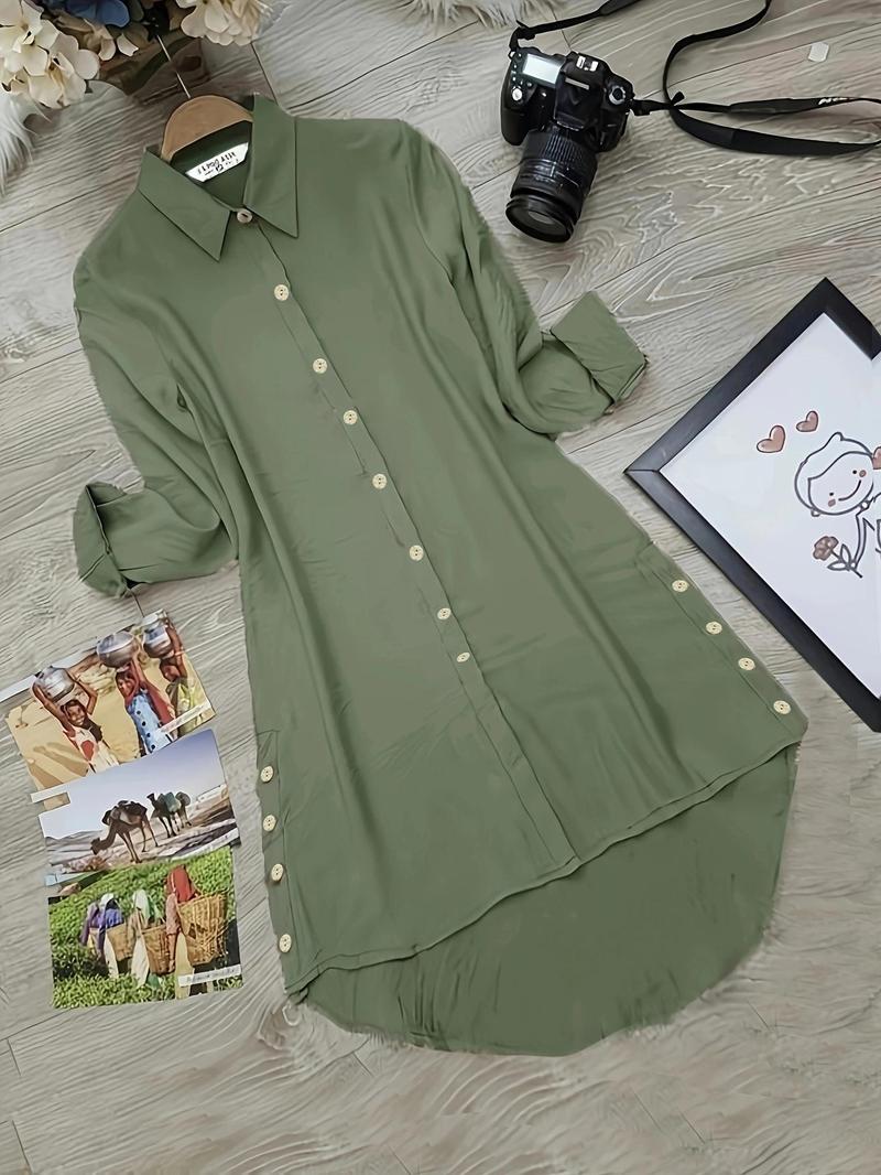 Product Introduction of Women's Plain Collared Button Front Shirt, Casual Elegant Long Sleeve Shirt for Daily Wear, Ladies Clothes for All Seasons 1