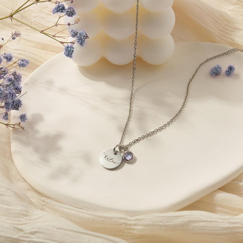 Product Introduction of Kalung Tersuai, dengan Batu Kelahiran 12 Warna, Bahan Wafer Keluli Tahan Karat, Huruf, Kalung DIY, Sila ambil perhatian nama semasa membuat pesanan 5