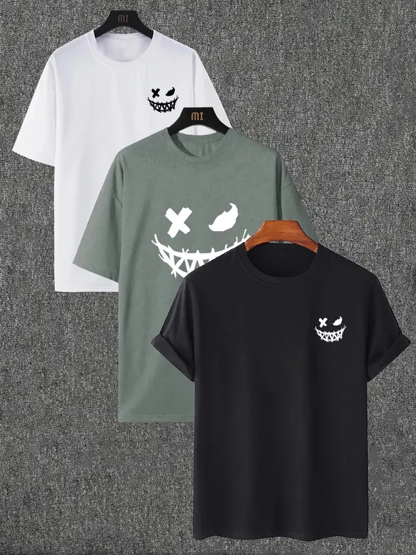 Unisex Men's Cartoon Face Print Drop Shoulder Tee, Regular Fit Casual Short Sleeve Round Neck T-shirt for Summer, Graphic Tees, Men's Clothes for Daily Wear 0