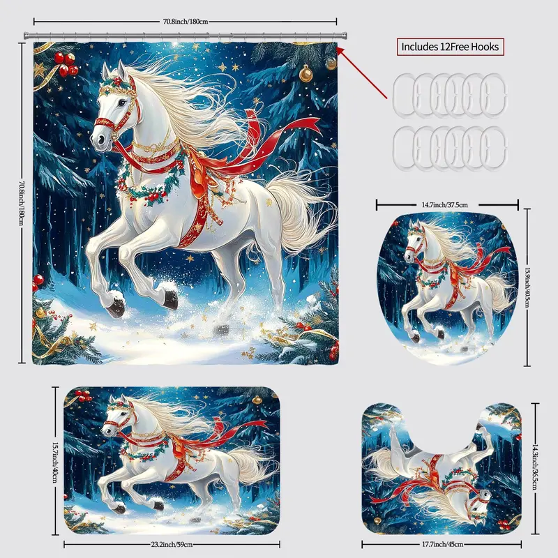 Christmas Horse Pattern Shower Curtain Set, 4 Counts/set Including Shower Curtain & Toilet Lid Cover & Rectangular Mat & U-shaped Mat, Bathroom Accessories 1