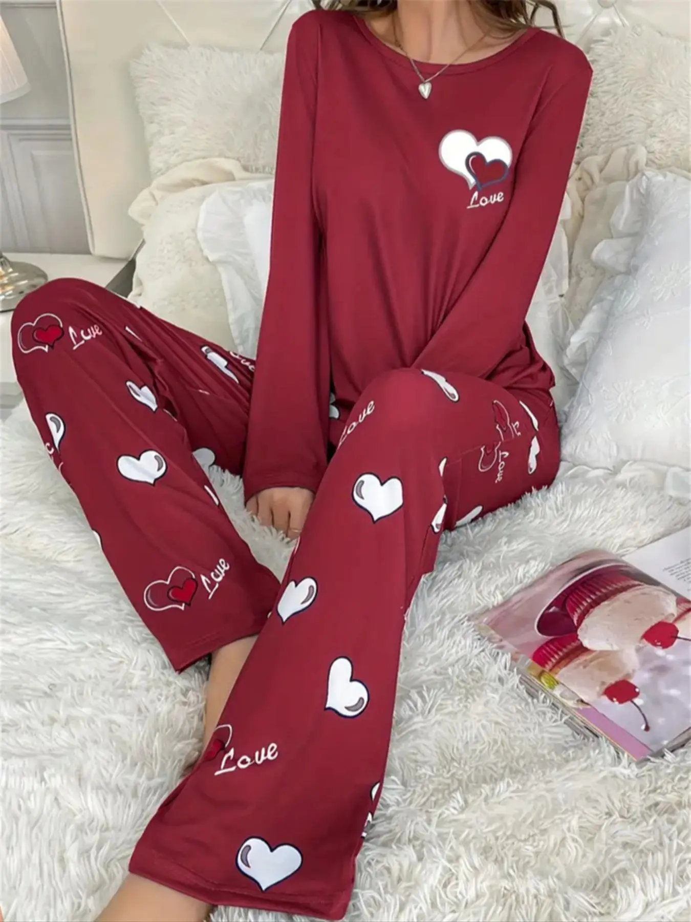 Women's Cartoon Pattern Print Long Sleeve Crew Neck Tee & Elastic Waist Pants Pajama Two-piece Set, Casual Comfy Round Neck Top & Trousers Pj Set, Women's Sleepwear for Fall