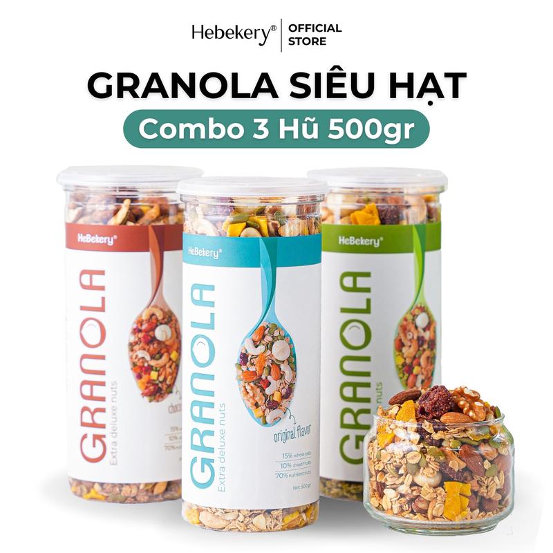 Combo 3 Hũ 500gr Granola Siêu Hạt Dinh Dưỡng 3 Vị - Ngũ Cốc Dinh Dưỡng HEBEKERY by HEBE Food Thức Ăn Hạt Ngũ Cốc Socola