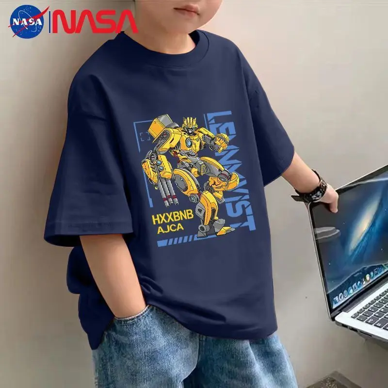 Quần Áo Trẻ Em, Bé Trai NASA, Cotton In Hình Bumblebee, ngắn Tay, Thích Hợp Cho Trẻ Em Trung Và Lớn, Áo Thun Dáng Rộng Vừa Vặn, Bộ Sưu Tập Mùa Hè Mới
