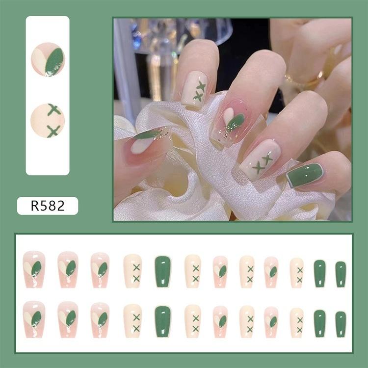 Product Introduction of Mid-Length Ballet Nail Ice Transparent Pink Creamy Green Color Matching Nail Sticker Wear Nail Wholesale Finished Product 24 Pieces Nails 34