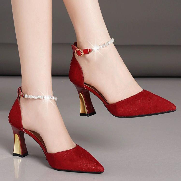 FS Giày Cao Gót Dự Tiệc 7cm Mũi Nhọn Ánh Kim Bling Quai Ngọc Sang Chảnh -CG53