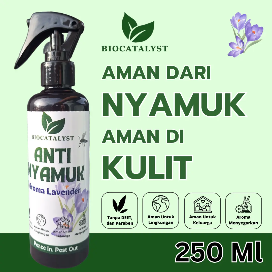 Biocatalyst Natural Mosquito Repellent Spray | Semprotan Anti Nyamuk Organik Aroma Lavender 250 ML | Tanpa DEET | Anti Nyamuk untuk Bayi / Anak