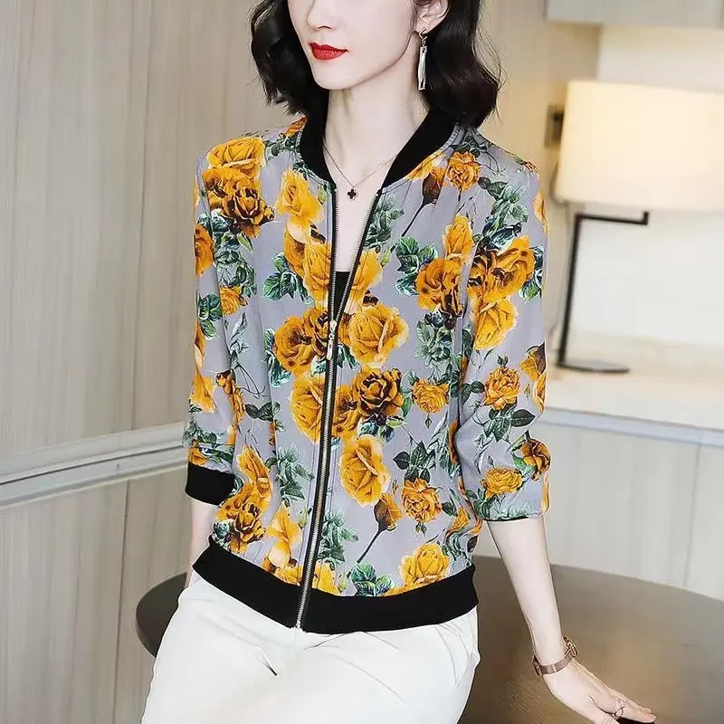Áo Khoác Cho Mẹ, Dài Tay, Dành Cho Nữ, Mùa Xuân Và Mùa Hè, Phong Cách Hàn Quốc Mới, Ngoại Cỡ, Áo Khoác Bóng Chày, Dễ Phối Đồ, Ngắn, Hoa Vàng, Áo Khoác Chống Nắng 5