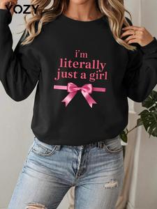 YOZY Women's Letter & Bow Print Drop Shoulder Sweatshirt, Casual Long Sleeve Round Neck Pullover for Fall & Winter, Ladies Clothes for Daily Wear