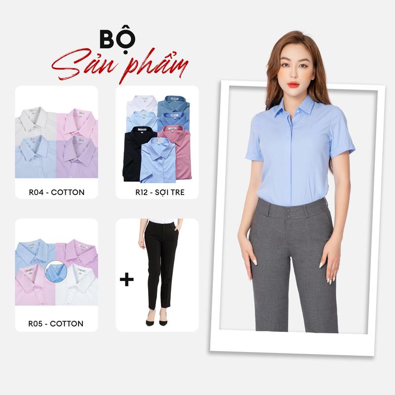Bộ sản phẩm sơ mi dài tay, ngắn tay chất liệu sợi tre R12, cotton R05- R04 form slimfit có chiết ly eo, kết hợp quần tây R04 cạp lưng trung ngang rốn, form nhỏ, sơ mi, quần âu cao cấp Thái Hòa Menswear Áo