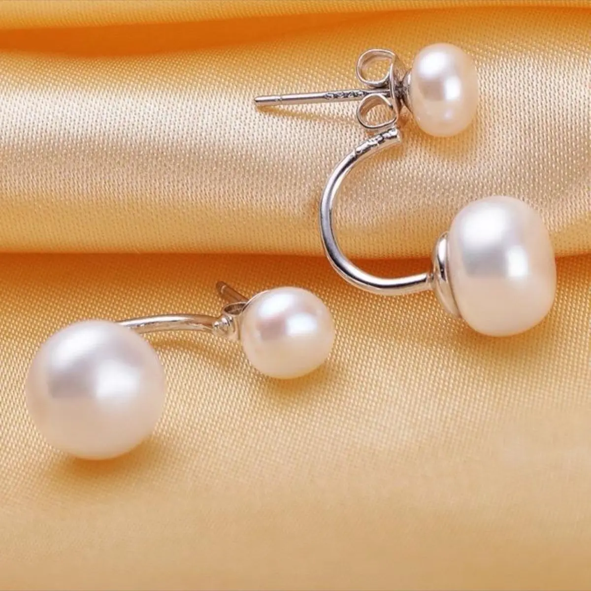 Bông tai ngọc trai dáng treo C8-10 dạng bán cầu bóng đẹp chế tác bạc 925 xi phủ bạch kim(đeo được hai kiểu)