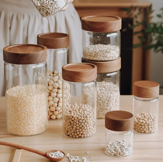 [CHÍNH HÃNG] Hũ Thủy Tinh Đựng Gia Vị Cao Cấp, Có Nắp Gỗ, Gai Vặn Kín Khí, Phong Cách Bắc Âu Sang Trọng. 1