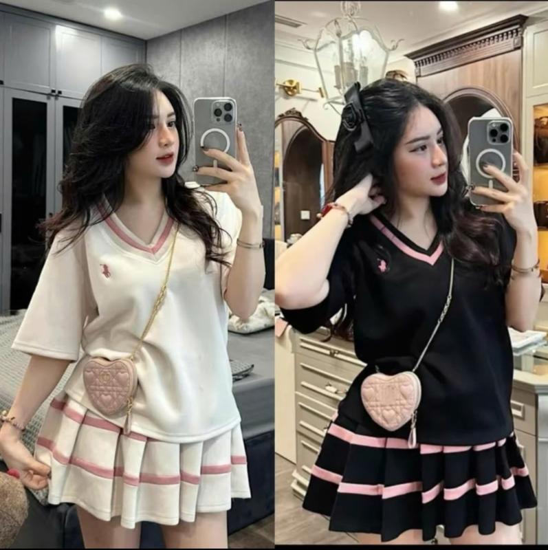 Bộ đồ nữ cổ tim và chân váy xếp ly viền màu hải quân b + hải quân đáng yêu vint đầm Women Kem set a set  áo set  váy set  váy lechvai áo  sơ set  len set  áo set  dạ set  xám áo  hoodie dobotole lungbeolon