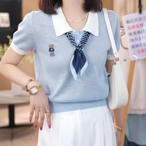 Scarf Polo Collar Blue Short Sleeve Knitted Top for Women Summer 2025 High-end Versatile Loose Top