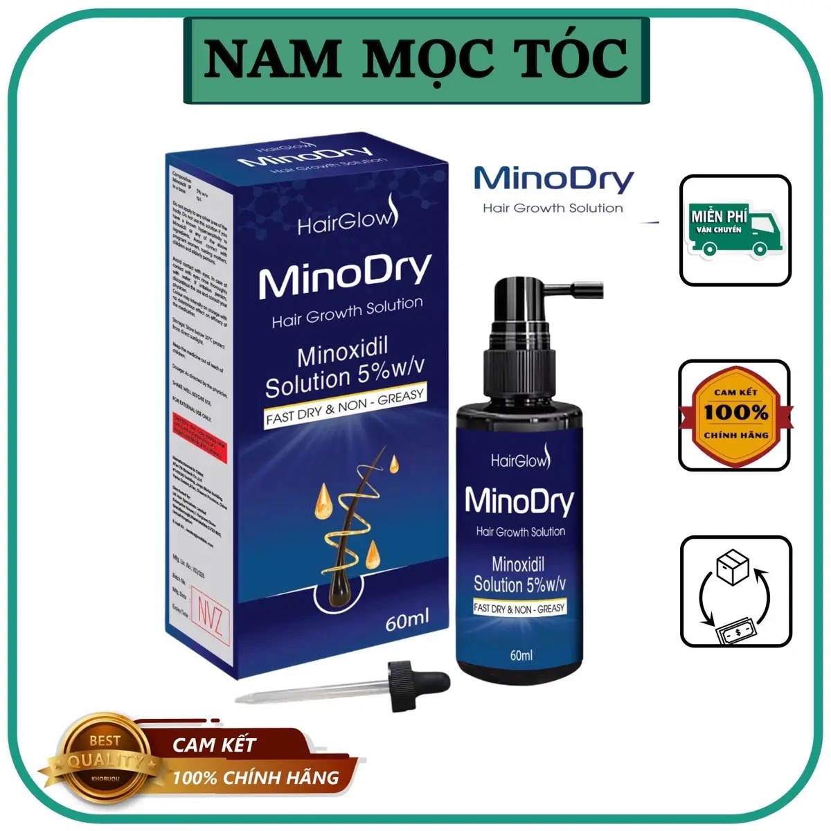 Serum Hỗ trợ Kích Mọc Tóc & Râu & Chân mày MinoDry với Minoxidil 5% không kích ứng da, không bết tóc, nhanh khô (60ml)