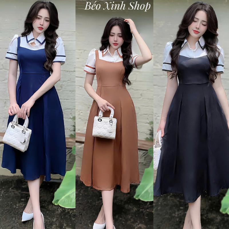 Thời Trang Bigsize Váy Dự Tiệc Phối Cổ Sơ Mi Vải Cotton Lạnh Cao Cấp Thanh lịch 40 - 95 Kg Nữ Đầm Women - A.1511