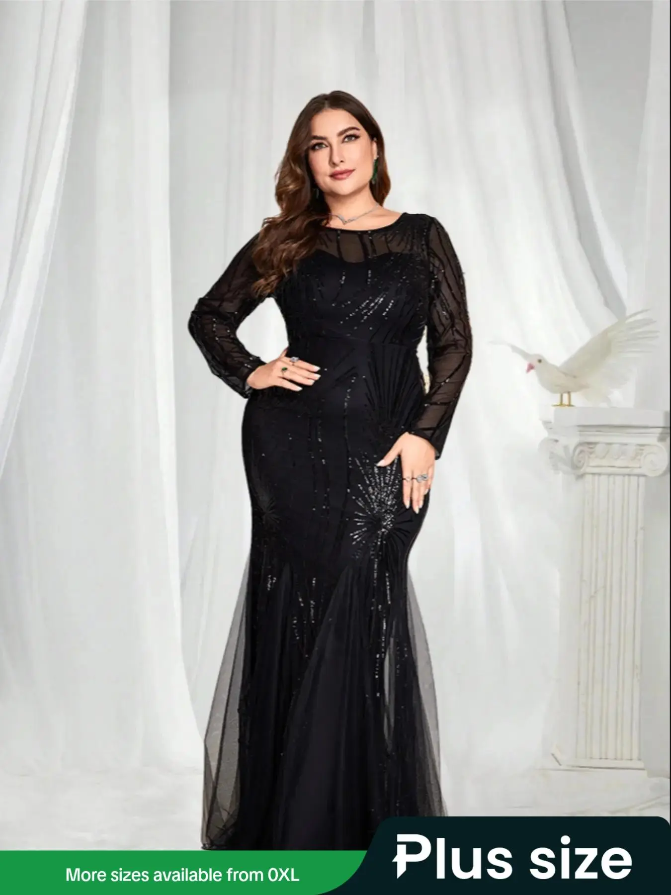【Plus Size】 Contrast Mesh Sequin Evening Dress, Elegant Long Sleeve Round Neck Mermaid Dress for Party Formal Occasions, Prayer Outfit for Lady, Women's Clothes for Spring & Fall, Christmas Party Dress, Wedding Guest Dresses, Womenswear