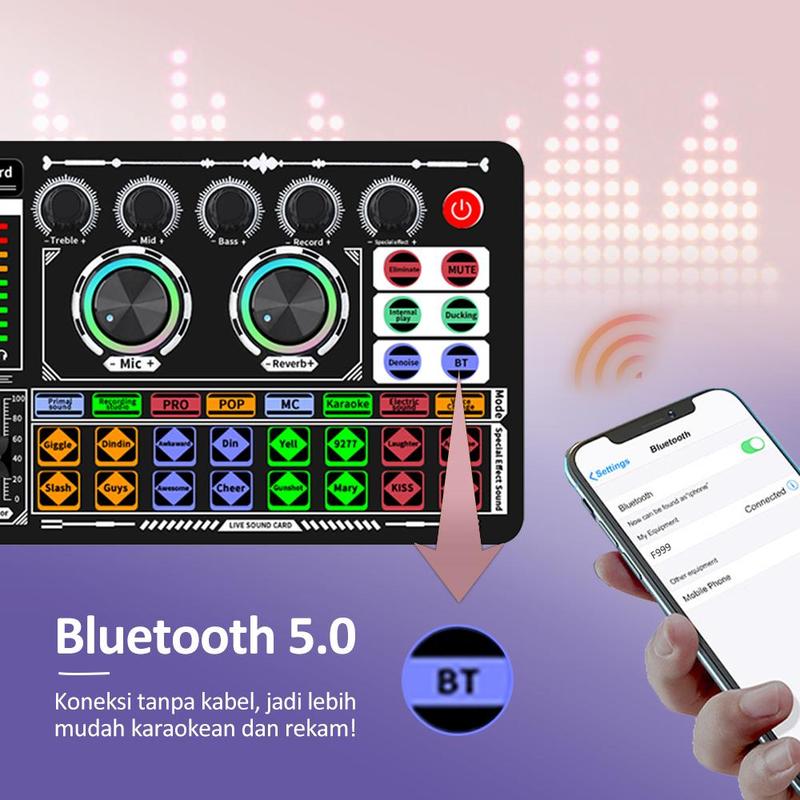 Bonkyo F999 sound card + mikrofon nirkabel + earphone set lengkap peralatan siaran langsung Kartu suara langsung Bluetooth mixer karaoke langsung 1