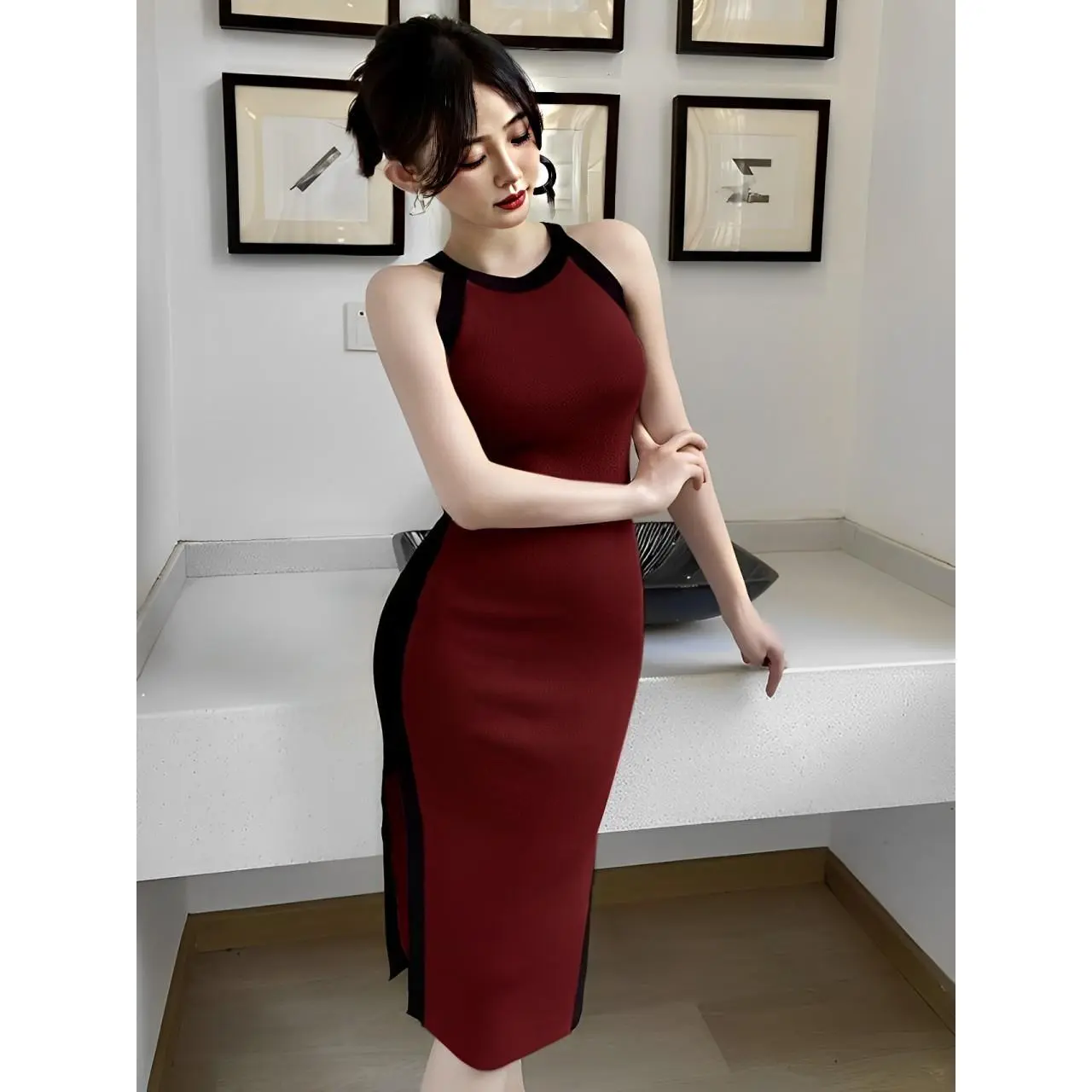 Zero Rajut Store - Dress Rajut Bodycon Slit Cut Midi Casual Sleeveless Round Neck #4520