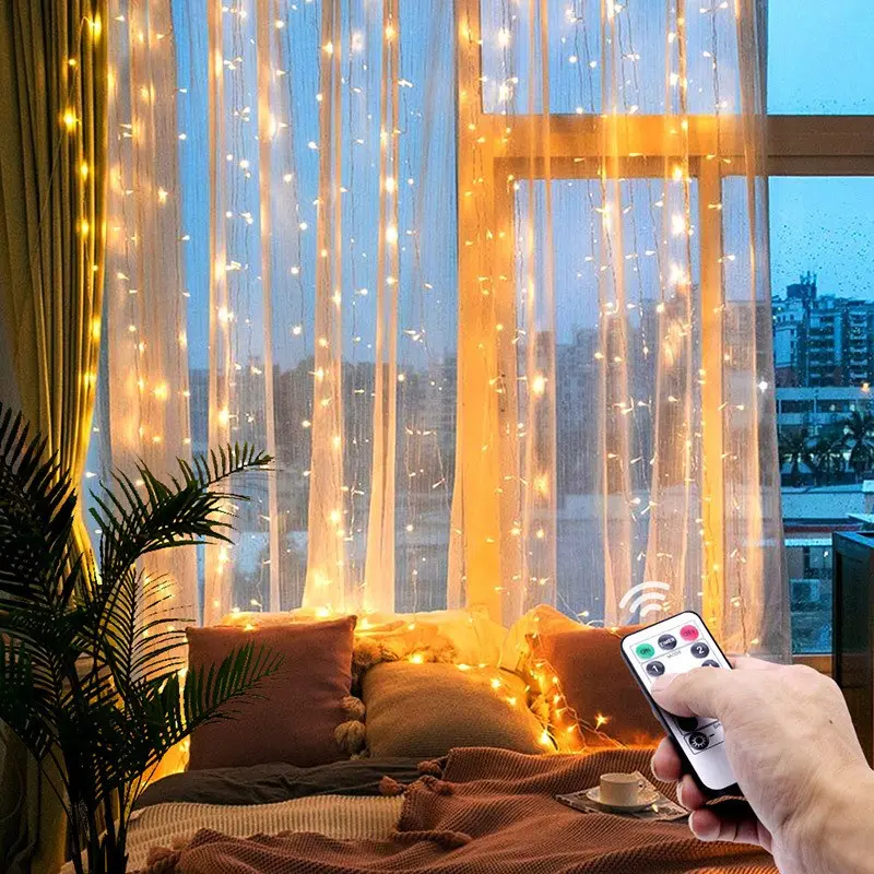 Rèm Đèn Ngoài Trời Icicle, 3Mx3M, 300LED, Dây Đèn Lãng Mạn Để Trang Trí Đám Cưới Và Giáng Sinh, Với Điều Khiển Từ Xa 13 Phím, Nguồn Điện USB 8
