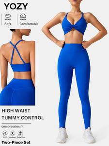 YOZY Women's Solid Twist Crop Cami Top & High Waist Leggings Two-Piece Set, Casual Fashion Cozy Breathable Two Piece Outfits for Daily Outdoor Wear, Ladies Clothes for All Seasons
