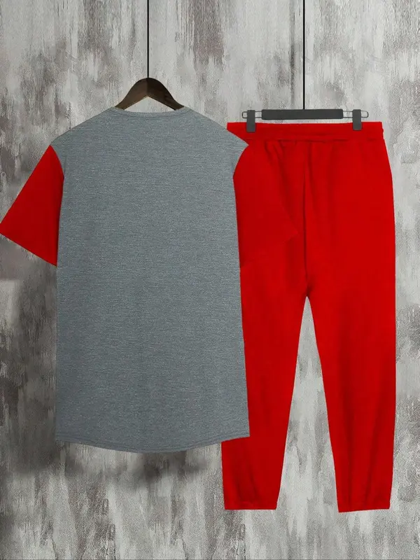Two-Piece Set Men's Colorblock Print Round Neck Tee & Drawstring Waist Pants, Regular Fit Short Sleeve T-shirt & Pocket Trousers, Men's Clothes for Daily Wear, Menswear 8