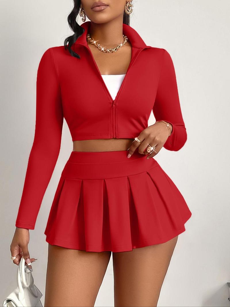 Product Introduction of Women's Solid Zip Up Crop Jacket & High Waist Skirt Two-piece Set, Casual Fashion Cozy Two Piece Outfits for Daily Outdoor Wear, Women Clothes for Spring Fall 2