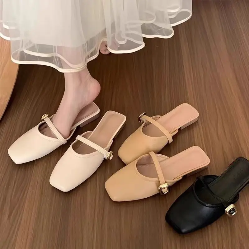 Dép mũi vuông nữ Giày trượt đế mềm Chiều cao gót chân 3cm Những con la cổ điển Phong cách Hàn Quốc