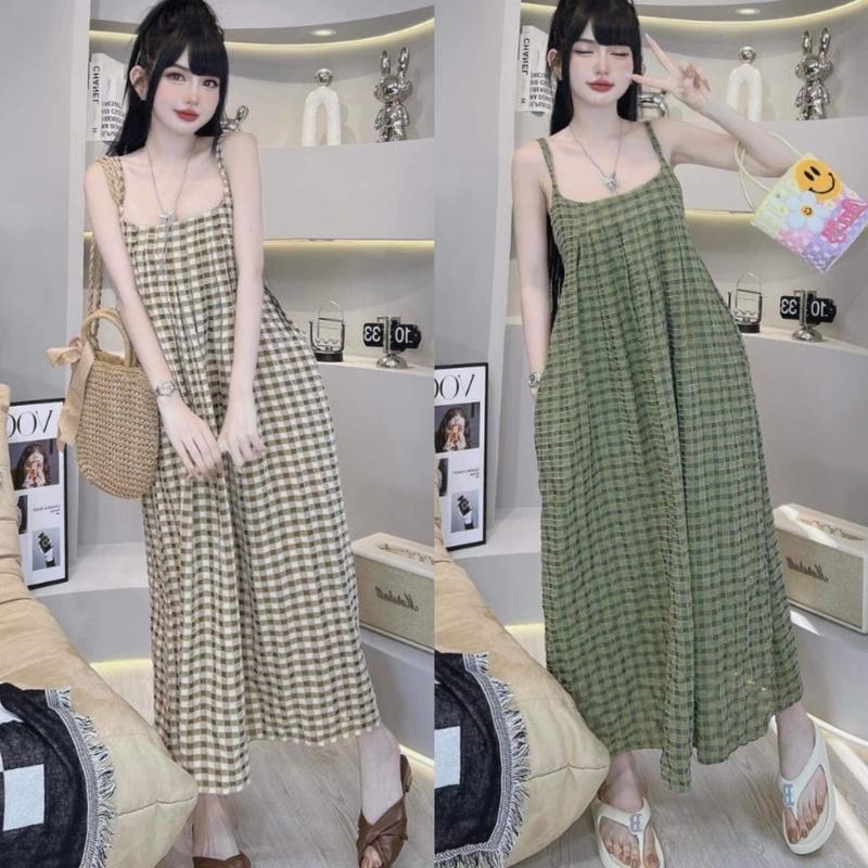ĐŨI NHUNG K NHĂN- VÁY 2S SUÔNG SỌC CARO FORM RỘNG DÁNG DÀI MAXI FREESIZE ĐẦM MAXI BẦU BÍ BON CHEN