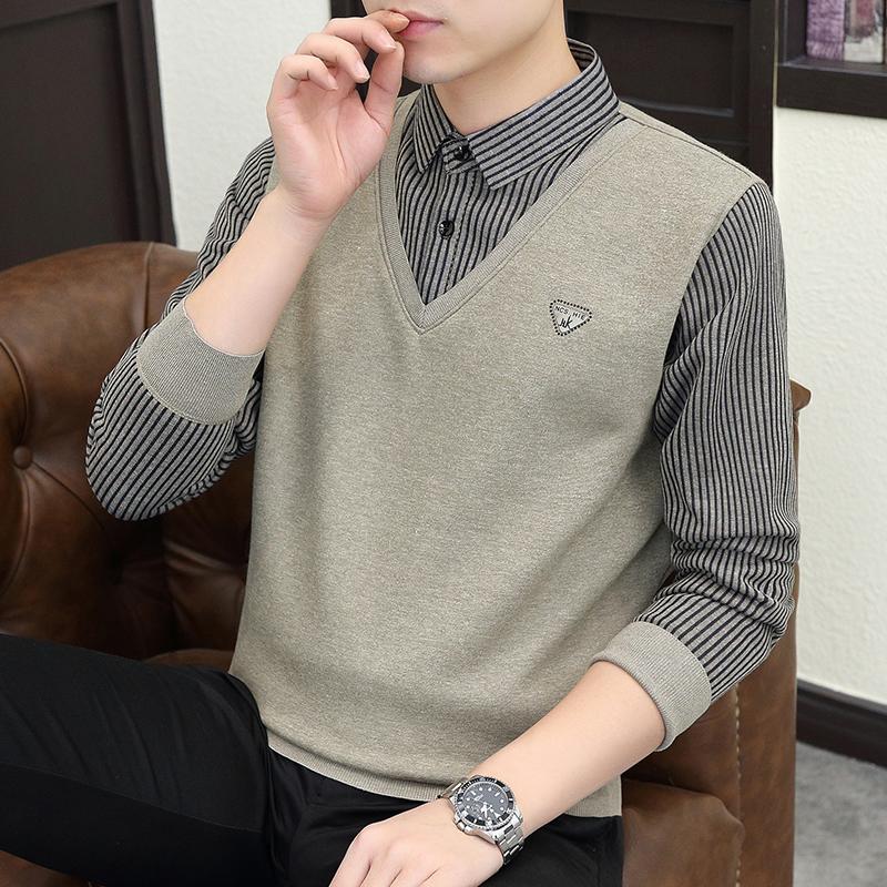 Product Introduction of 2024 Winter Fleece-lined Thickened Integral Velvet Sweater Men's False Two Pieces Knitted Sweater Youth Pu Handsome Men's Shirt Nam Slipper 2