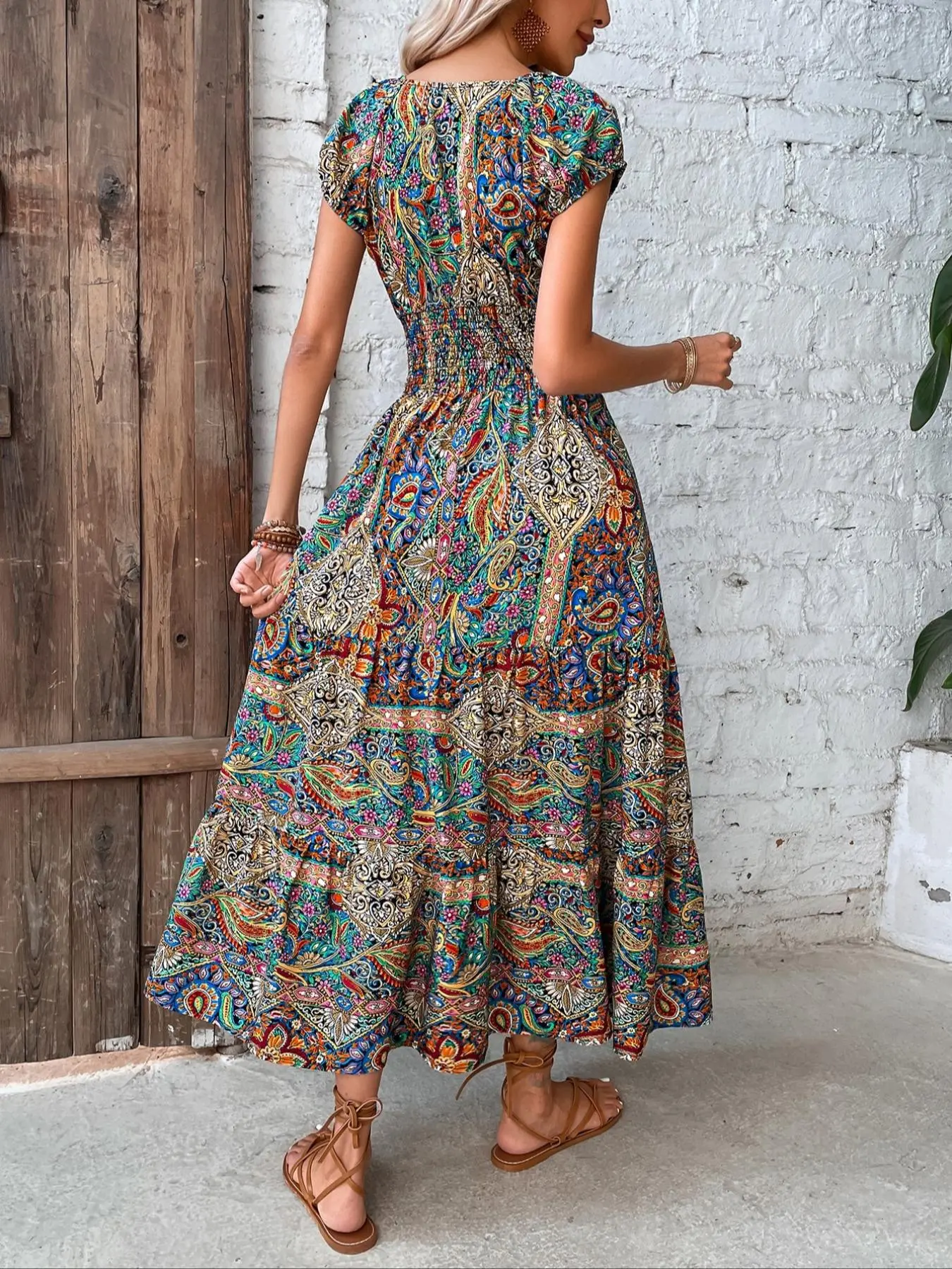 Women's Ethnic Pattern Ruffle Hem Shirred Batwing Sleeve Dress, Vintage Style Summer Dresses, Elegant Boho Long Dress, Dresses for Women, Ladies Summer Clothes, Summer Dresses 2025