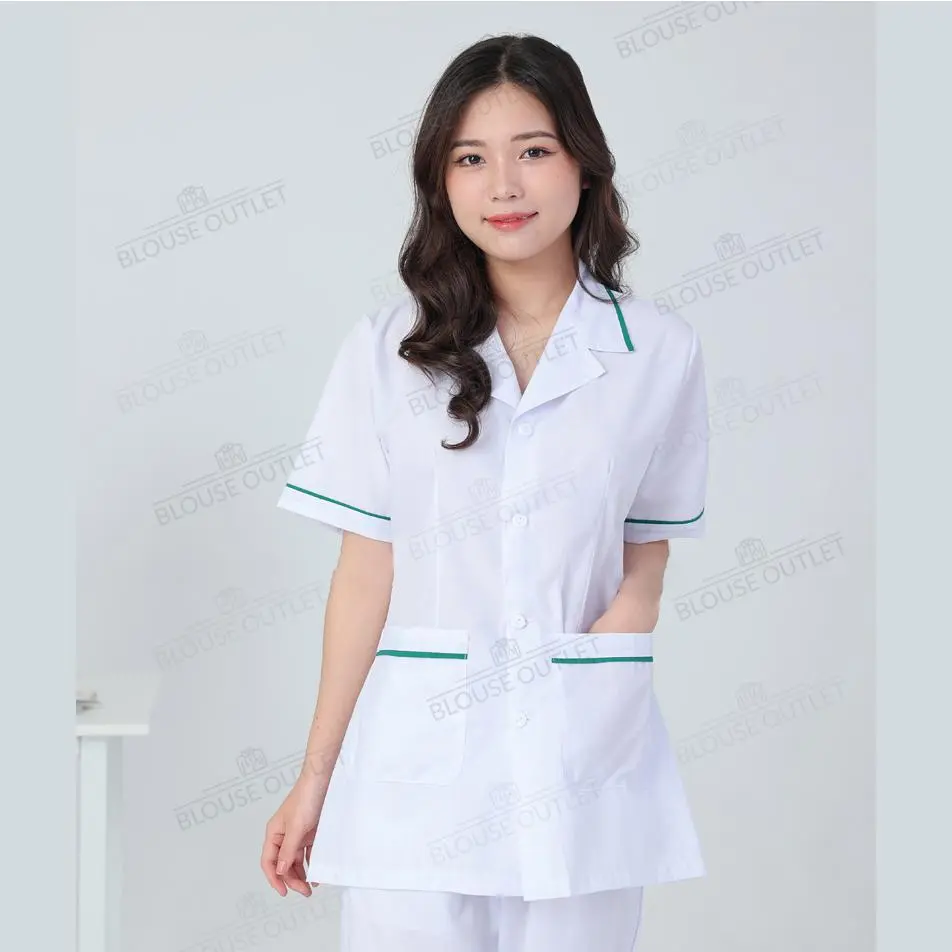 Bộ quần áo blouse trắng dáng ngắn Viền Xanh LÁ Dược sĩ, điều dưỡng, y tá, spa, thẩm mỹ viện