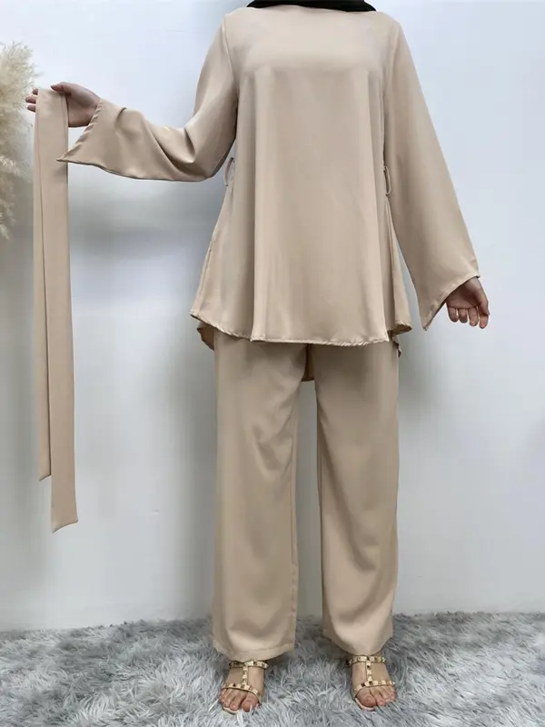 Two-Piece Set Women's Solid Zip Up Belted Top & Wide Leg Pants Two-piece Set, Modest Long Sleeve Round Neck Top & Trousers for Daily Wear, Ladies Fall Clothes 0