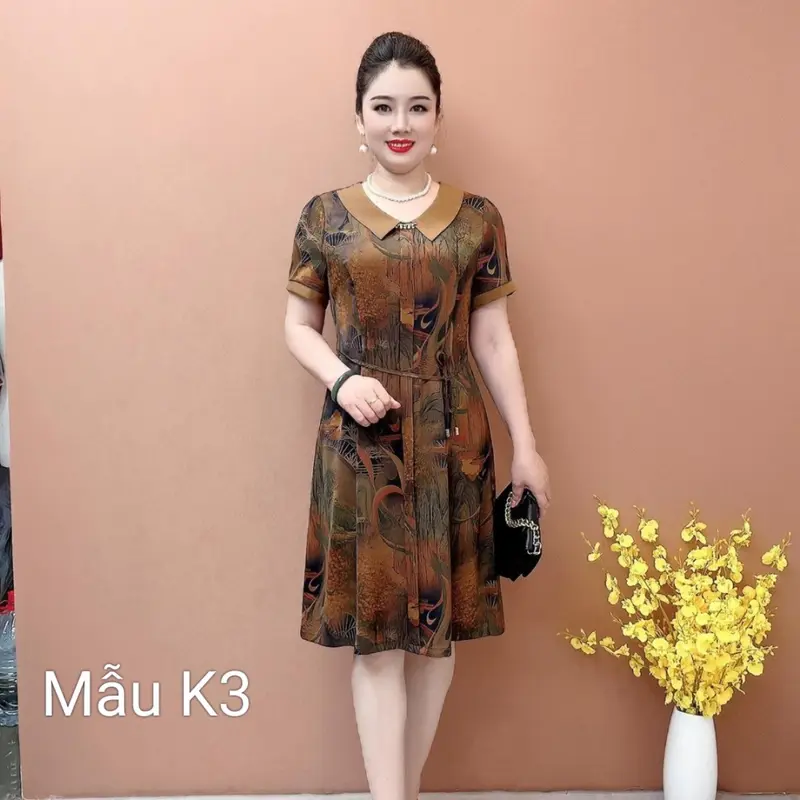 Váy Trung niên cao cấp In hoạ tiết nổi bật có dây thắt ở eo che khuyết điểm phù hợp với mọi vóc dáng đủ size từ 45 đến 75 Kg Nữ Dress 1