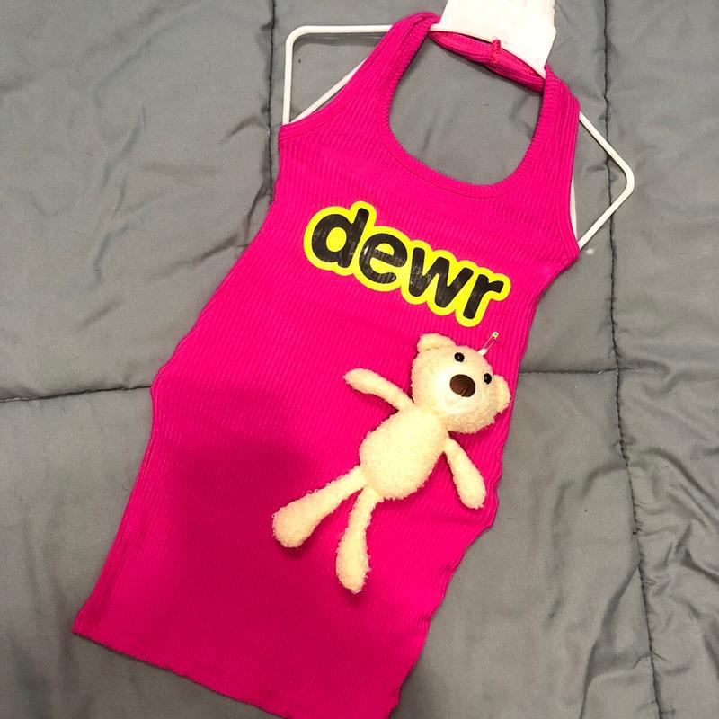Đầm body thun gân,cổ chữ u liền,in chữ,kèm gấu cho bé gái từ 7/26kg