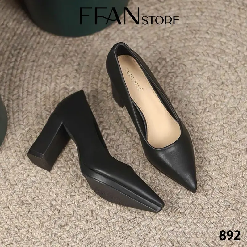 Giày cao gót mũi nhọn đúp đế vuông 8 phân 892 FFANSTORE, bít mũi da mềm mại big size màu đen be trắng đen da lộn 1