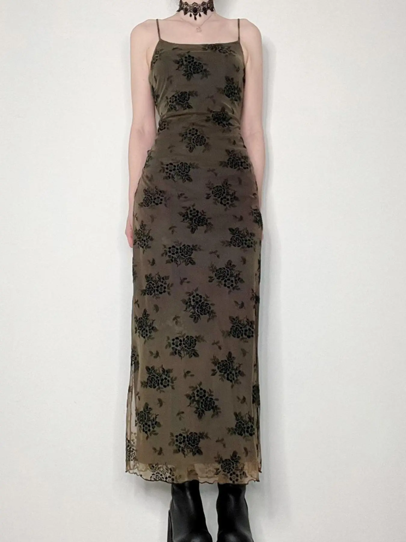 Women's Floral Print Lettuce Trim Tulle Cami Dress, Summer Elegant Spaghetti Strap Sleeveless Long Sundress for Summer Vacation Holiday, Comfort Dresses