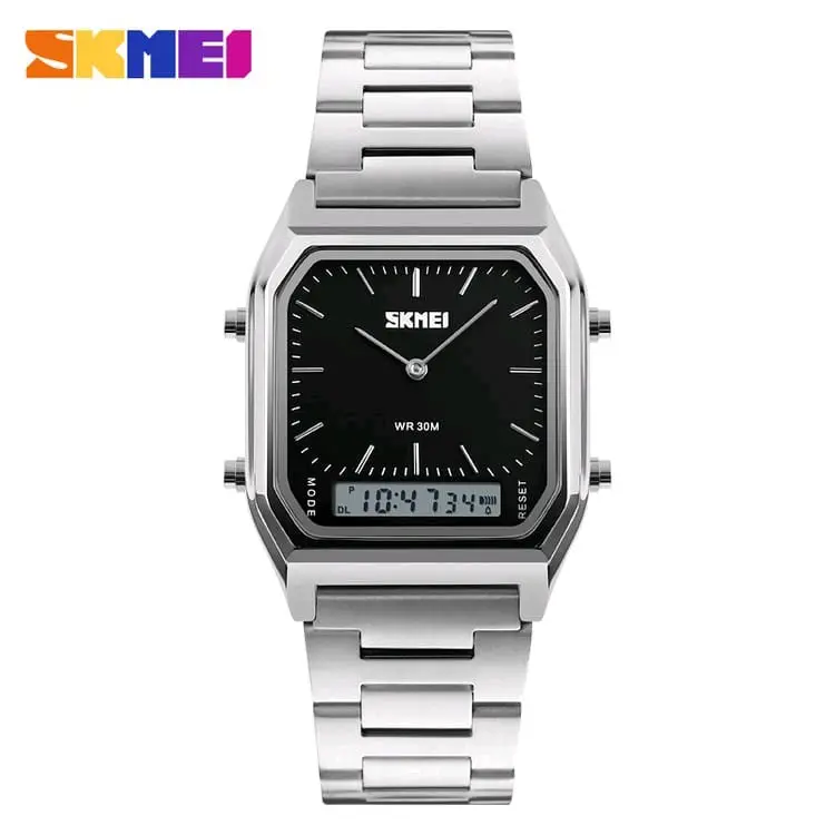 SKMEI Jam Tangan Pria Wanita Model Terbaru Double Time Analog Digital Quartz Stainless Watch 1220 Fashion Sport WR 30M Square Dial 43mm 0
