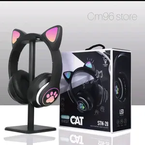 Headset Anak Headphone Wireless Bluetooth motif kucing Led full bass Headphones Ponsel Tws