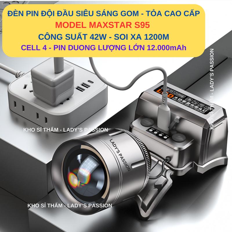 ĐÈN PIN ĐỘI ĐẦU SIÊU SÁNG MAX STAR S95 ZOOM SÁNG XA GẦN CÔNG SUẤT 42W SOI XA 1200 MÉT, ĐÈN ĐỘI ĐẦU PIN TRÂU GD216