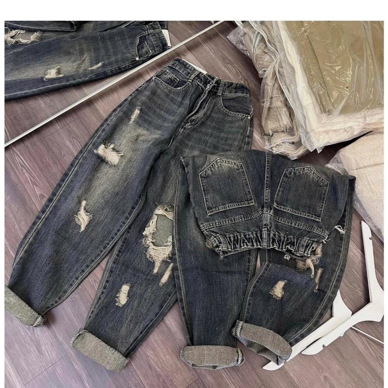 | BG060 |- Quần Jean Nữ LƯNG THUN RÁCH 1 LỖ Dáng Baggy 9 Tấc 90-92cm Không Co Giãn Women Pants Denim