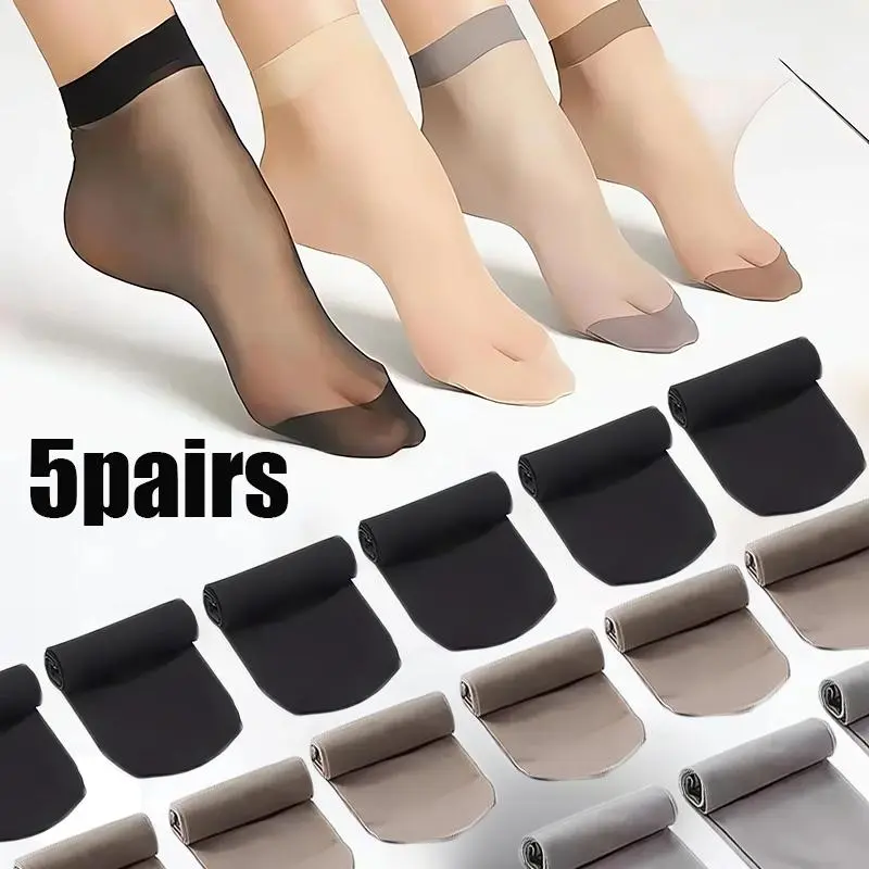 Tất Lụa Nữ, Hàng Mới Về, 5 / 1 Đôi, Màu Da Đen Và Trong Suốt, Mỏng Và Thoải Mái, Được Làm Bằng Nylon, Thích Hợp Cho Mùa Hè, Tất Ngắn Đến Mắt Cá Chân, Thời Trang, Dành Cho Nữ 0