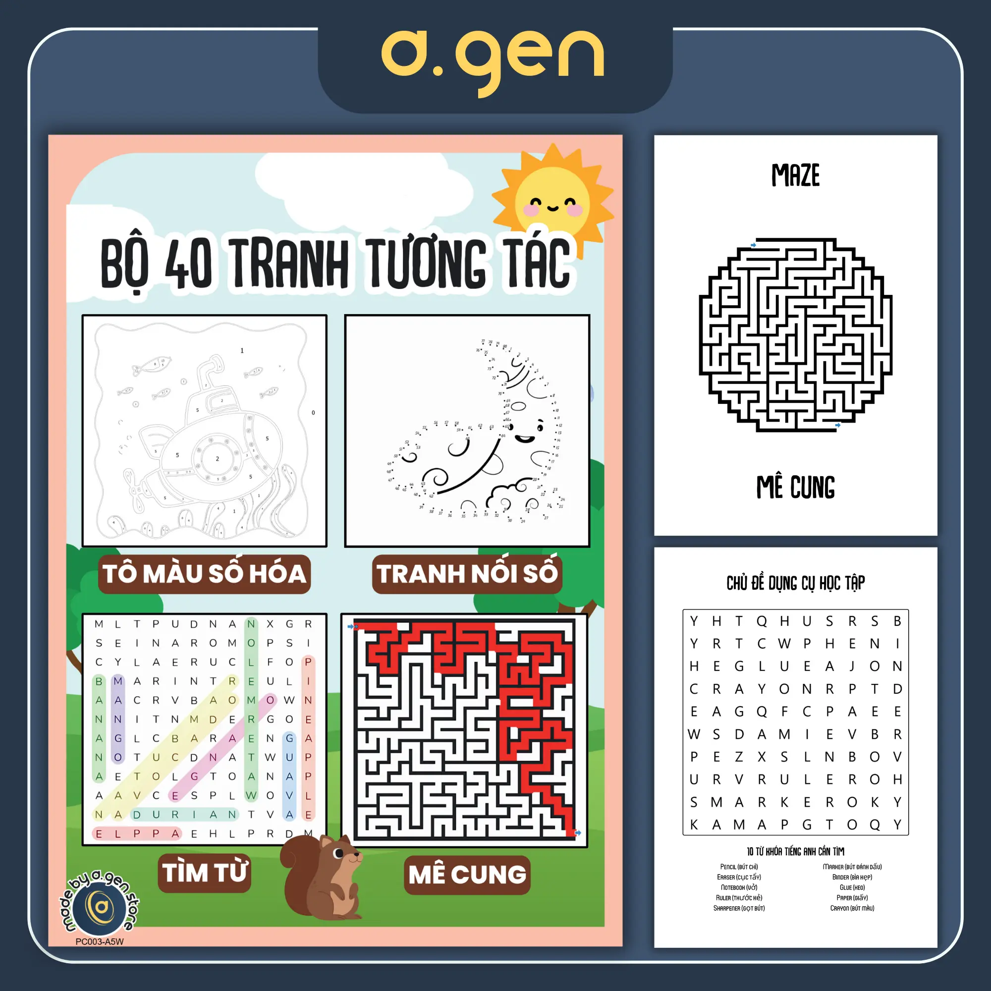 Bộ 40 Tranh tương tác: Tranh số hóa, Tranh nối số, Tìm chữ (Word search), Mê cung (Maze) dành cho trẻ em – PC003 Đồ Chơi Toy