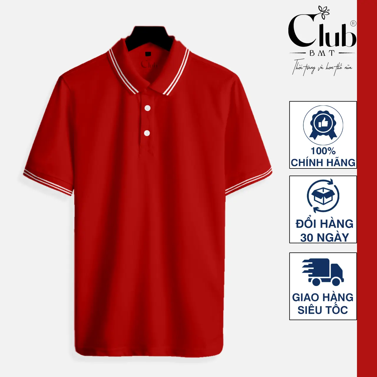 Áo thun polo đỏ phối 2 sọc trắng CLUB BMT